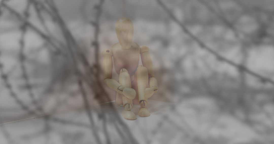 Wooden Puppet Sitting Behind Barbed Wire Amid Fog
