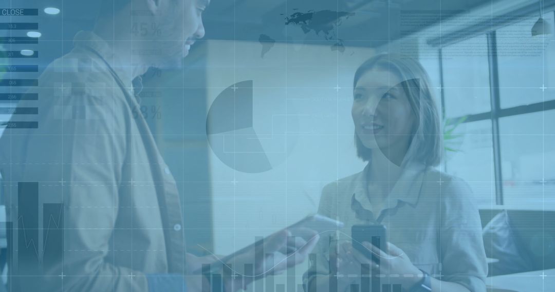 Business Professionals Engaged in Data Analysis with Virtual Graphics Overlay