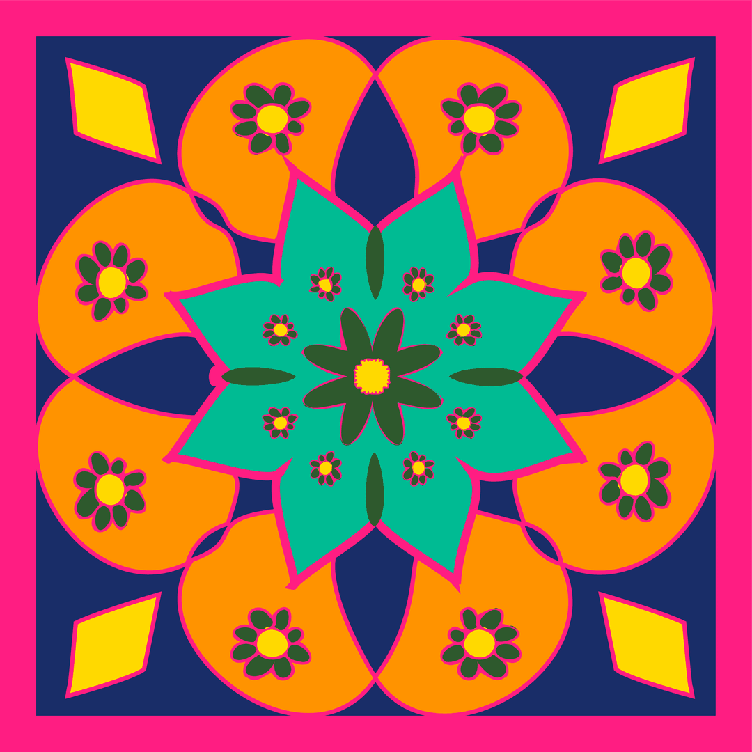 Psychedelic Mandala Art with Teal Star and Orange Petals on a Transparent Background