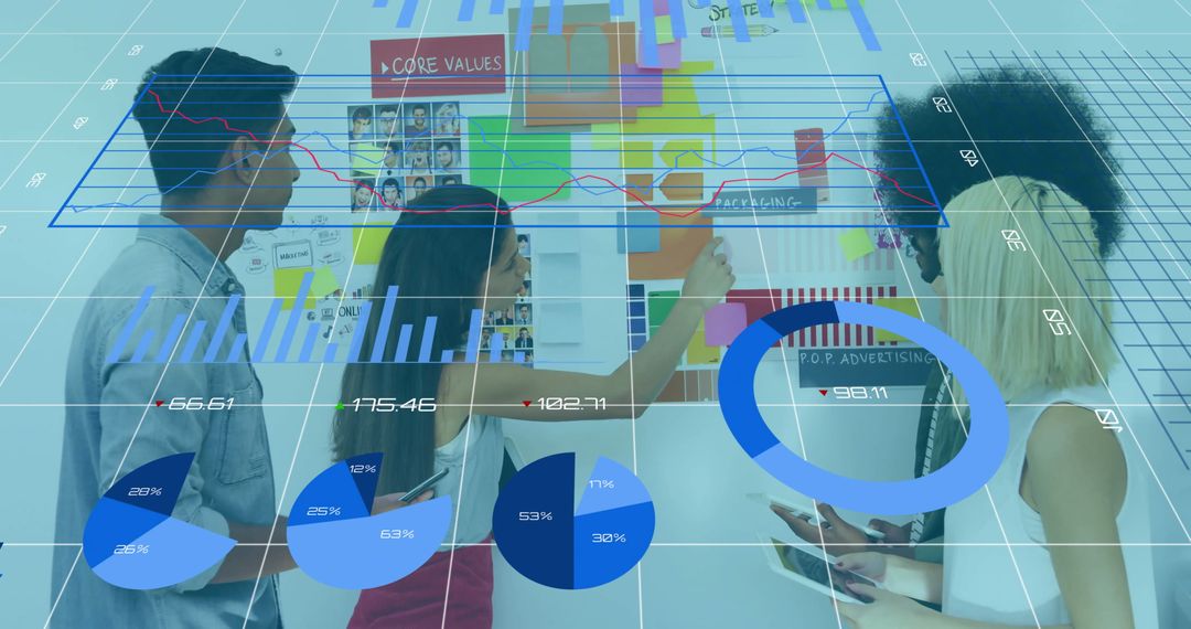 Diverse Team Discussing Work with Digital Data Overlay