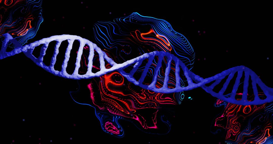 Abstract DNA Strand with Digital Patterns on Black Background