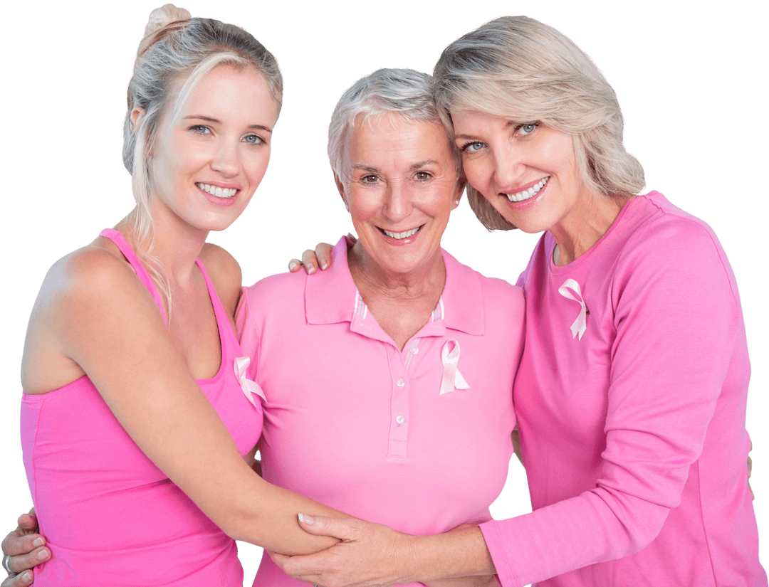 Three Women Bonding with Pink Ribbons and Transparent Background