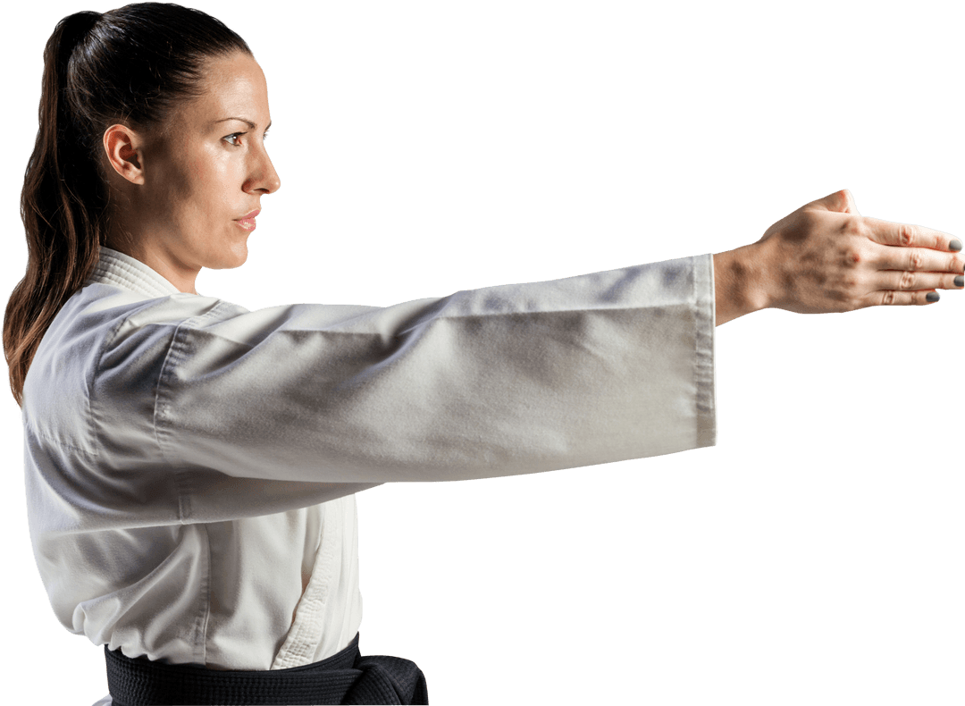 Transparent Shot of Female Karate Fighter in Traditional Gi Practicing Stance