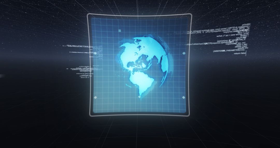 Digital Interface with Spinning Globe and Data Processing Screens