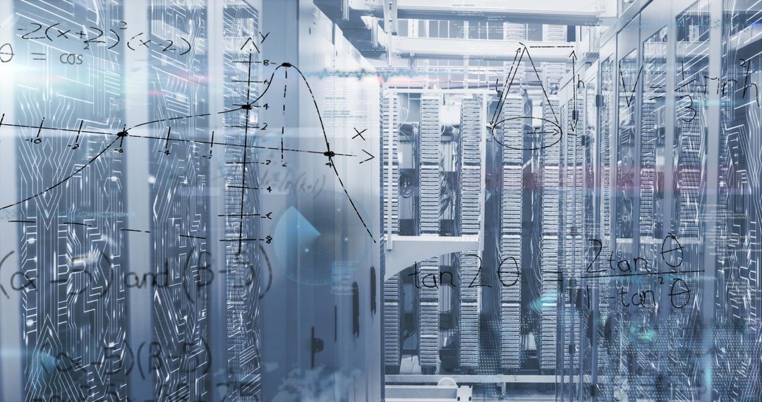 Futuristic Server Room with Superimposed Data and Equations