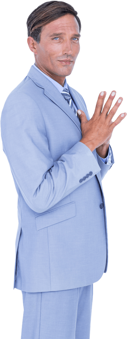 Transparent Portrait of Man Clasping Hands in Blue Suit