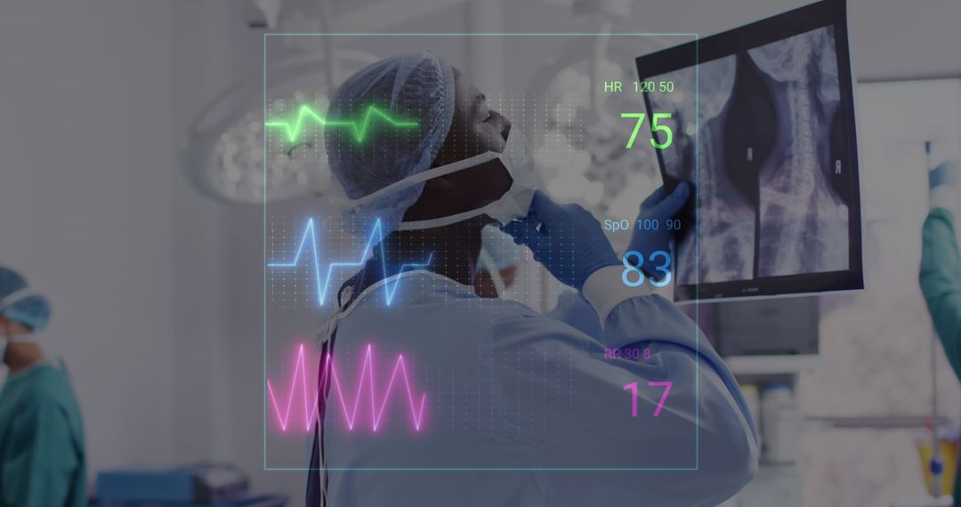 Surgeon Analyzing X-Ray with Vital Signs Overlay