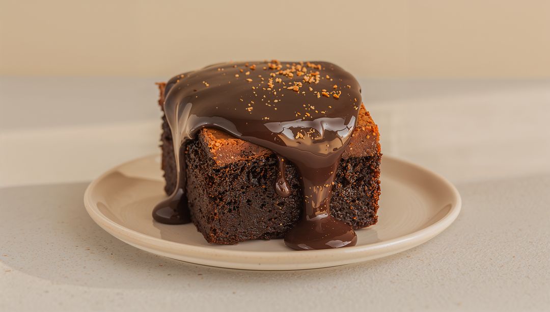 Decadent Chocolate Brownie Dripping Ganache with Golden Crumbs on Beige Plate