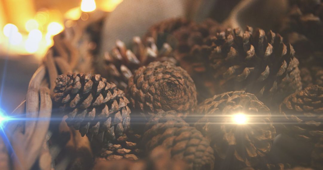 Festive Pine Cones in Soft Candle Glow with Lens Flare