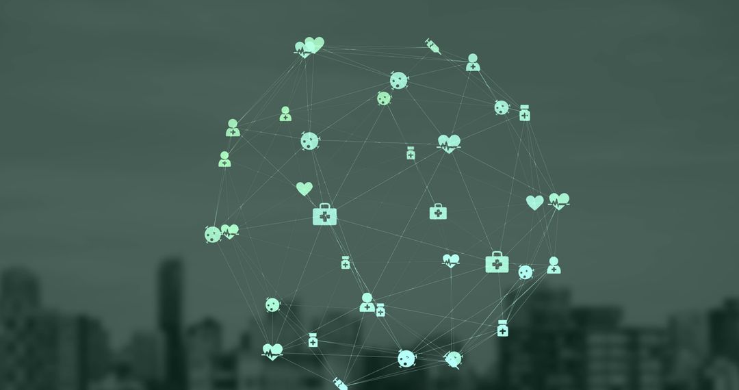 Connected Icons Forming Digital Network Over Urban Skyline
