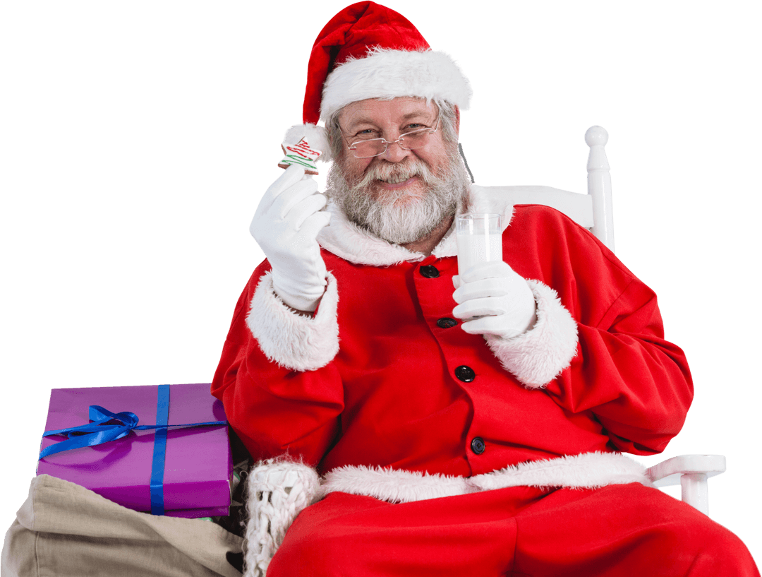 Festive Transparent Santa Claus Holding Milk and Cookie