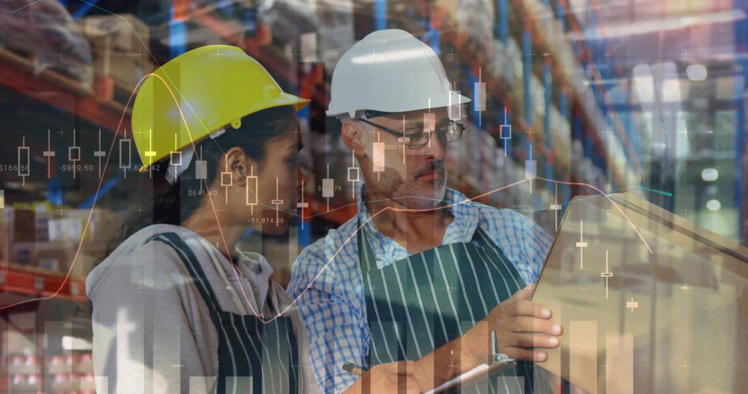 Warehouse Workers Analyzing Inventory with Stock Market Overlay