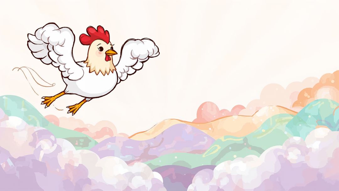 Cartoon Chicken Flying Over Fantasy Rainbow Landscape