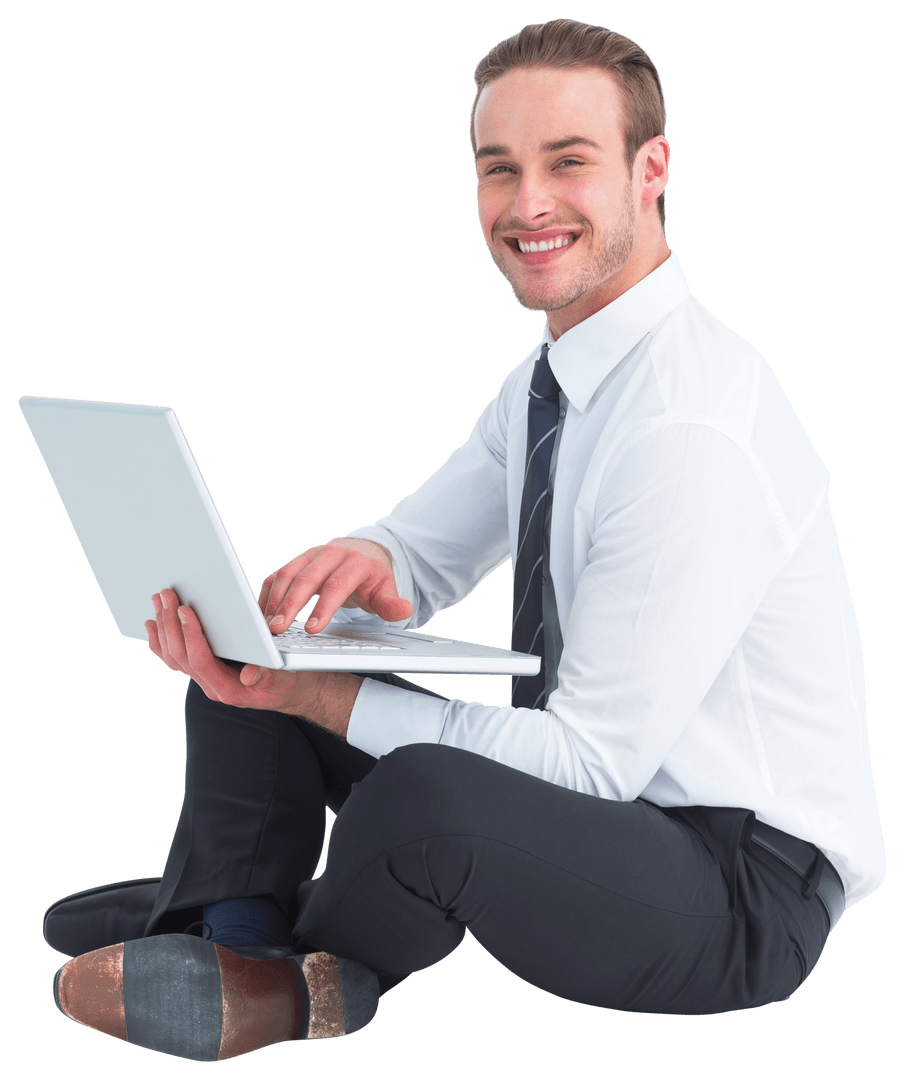 Transparent Smiling Businessman Using Laptop in Casual Pose