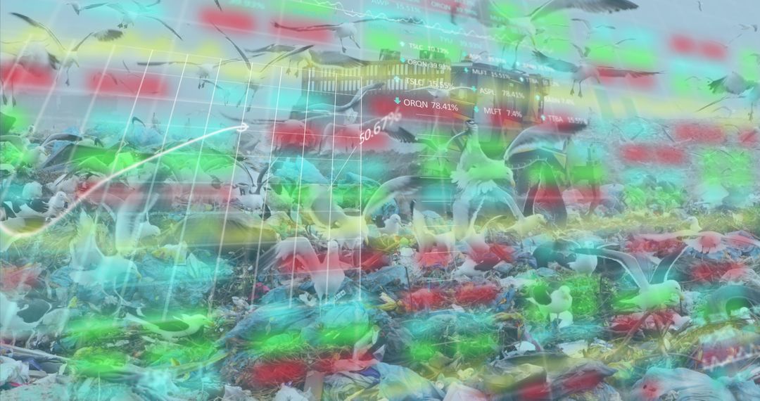 Abstract Financial Data Overlay on Flying Seagulls