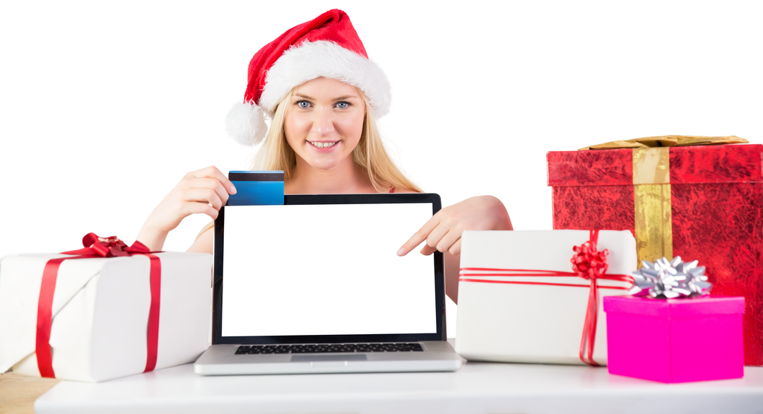 Transparent: Woman in Santa Hat Showing Laptop Screen with Credit Card and Gifts - Download Free Stock Images Pikwizard.com