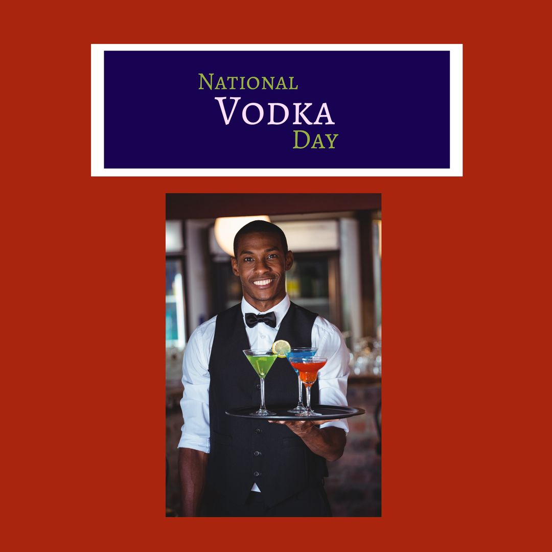 Image of national vodka day over happy african americal male barman with drinks on tray - Download Free Stock Templates Pikwizard.com