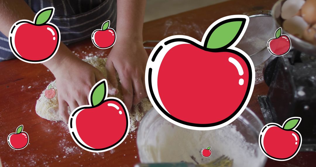 Creative Apple Graphics Overlaid on Hands Kneading Dough on Kitchen Table