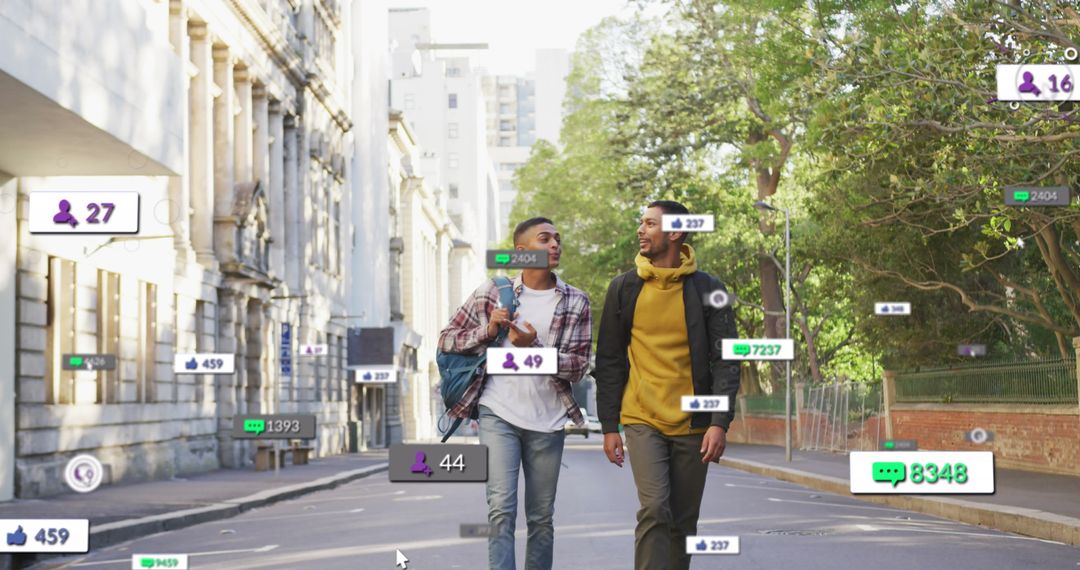 Diverse Friends Discussing Social Media Updates Walking Down Street