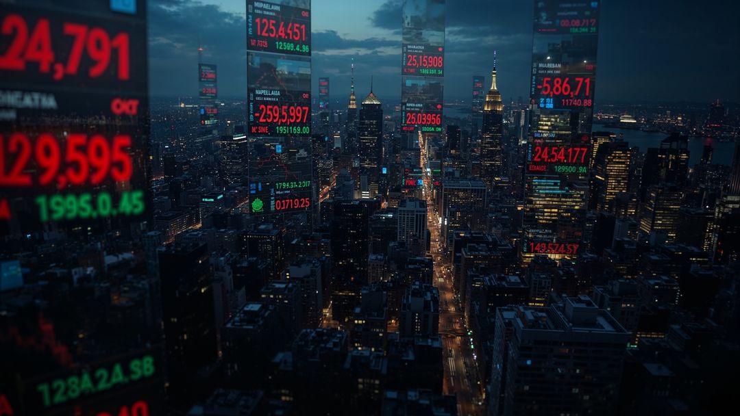 Majestic cityscape with floating digital online trading stock tickers at dusk