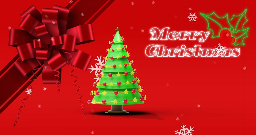 Festive Christmas Background with Tree and Holly on Red