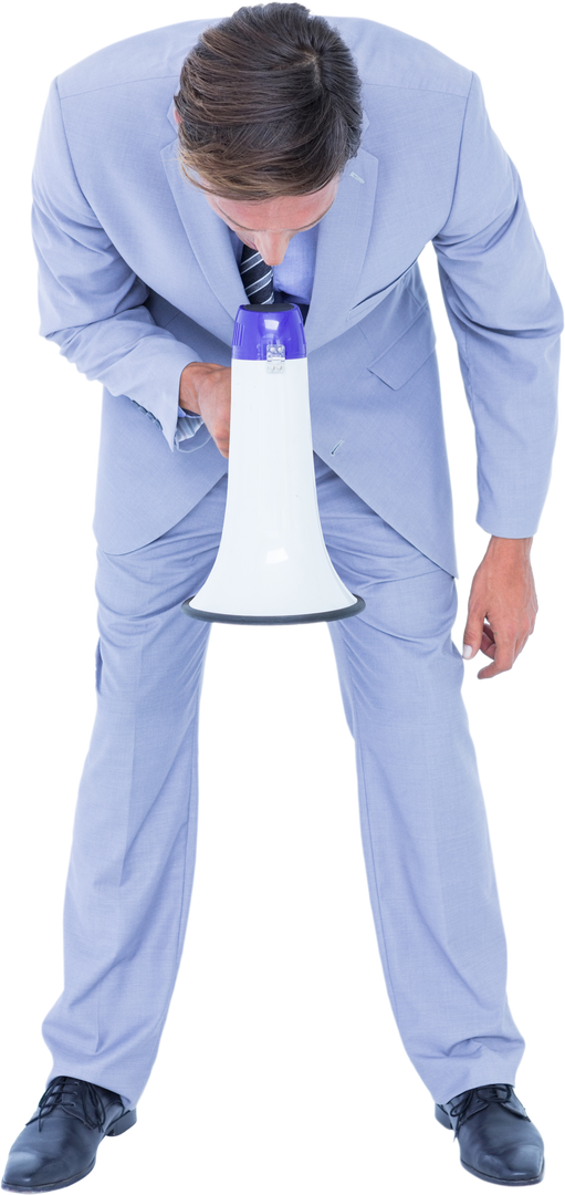 Transparent Businessman Talking into Megaphone in Light Blue Suit - Download Free Stock Images Pikwizard.com