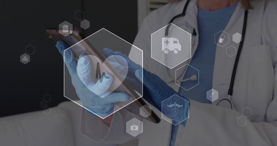 Healthcare Professional Using Digital Tablet with Medical Icons Overlay