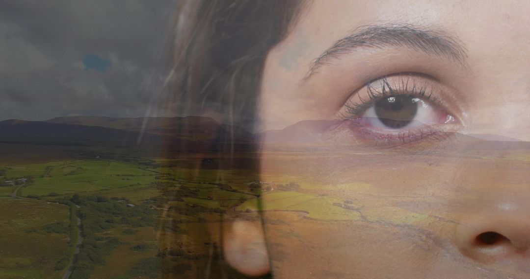 Contemplative woman merging with rolling countryside double exposure for introspective branding