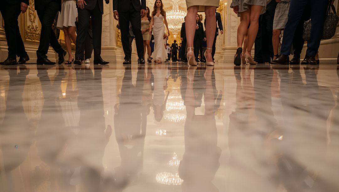 Guests Walking through Opulent Ballroom with Chandelier Reflections on Polished Marble Floor