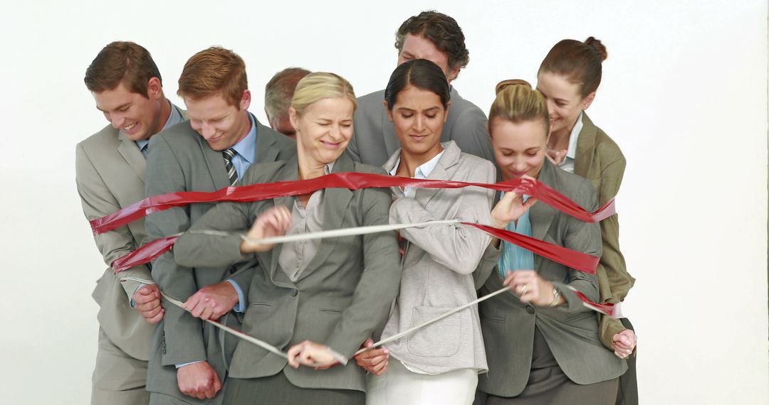 Smiling Business Team Knotted in Red Tape During Team Building Activity - Free Images, Stock Photos and Pictures on Pikwizard.com