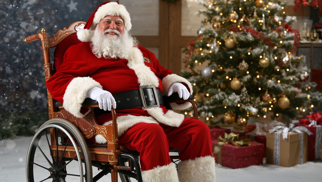 Joyful Santa Claus Sitting in Wheelchair by Christmas Tree