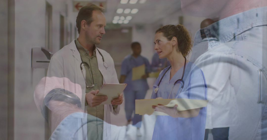 Clinicians consulting in hospital corridor with tablet and charts, doctor and nurse discussing recor
