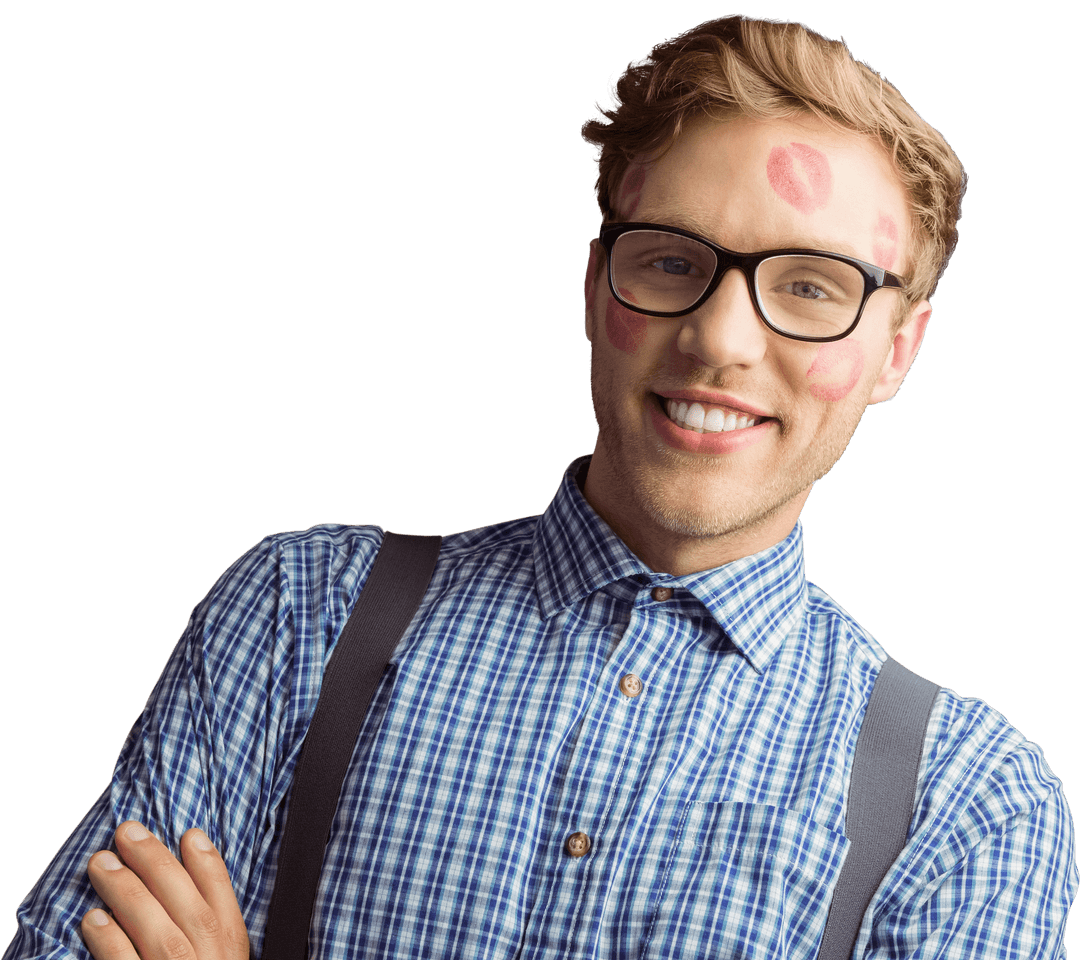 Happy Geeky Hipster Wearing Glasses Surrounded by Lipstick Kisses