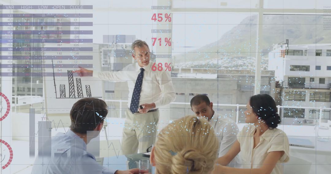 Businessman Giving Presentation with Data Overlay Technology