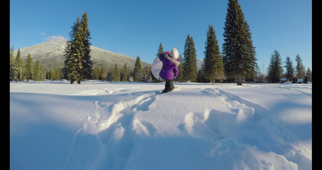 Child Rolling Large Snowball in Snowy Landscape - Free Images, Stock Photos and Pictures on Pikwizard.com