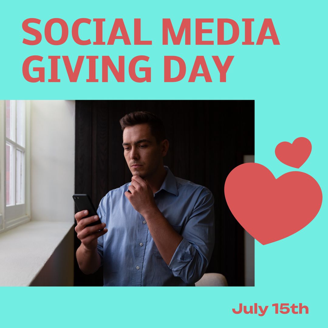 Social Media Giving Day Concept with Thoughtful Man Using Smartphone