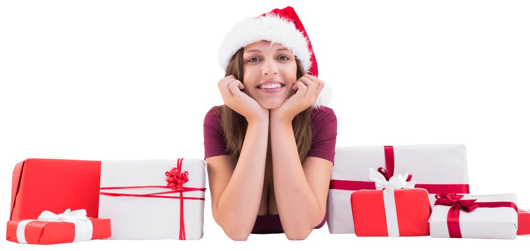 Smiling Woman in Santa Hat with Gifts on Transparent Background