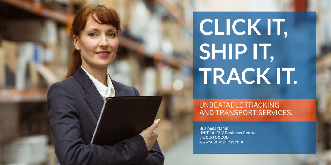 Confident Businesswoman Showcasing Logistics and Tracking Efficiency
