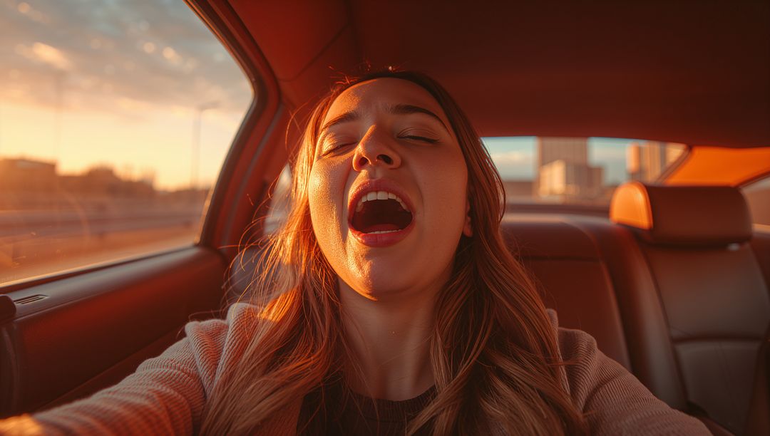Passenger Yawning While Enjoying Sunset Views in Car