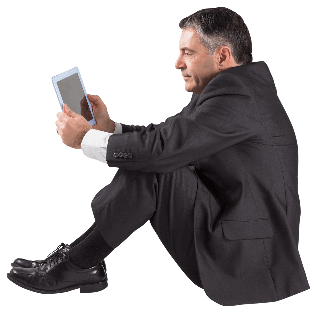 Transparent Mature Businessman Sitting Using Tablet