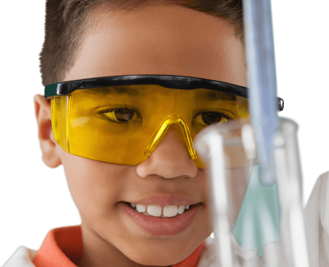 Smiling Young Scientist Examining Test Tube in Transparent Glass