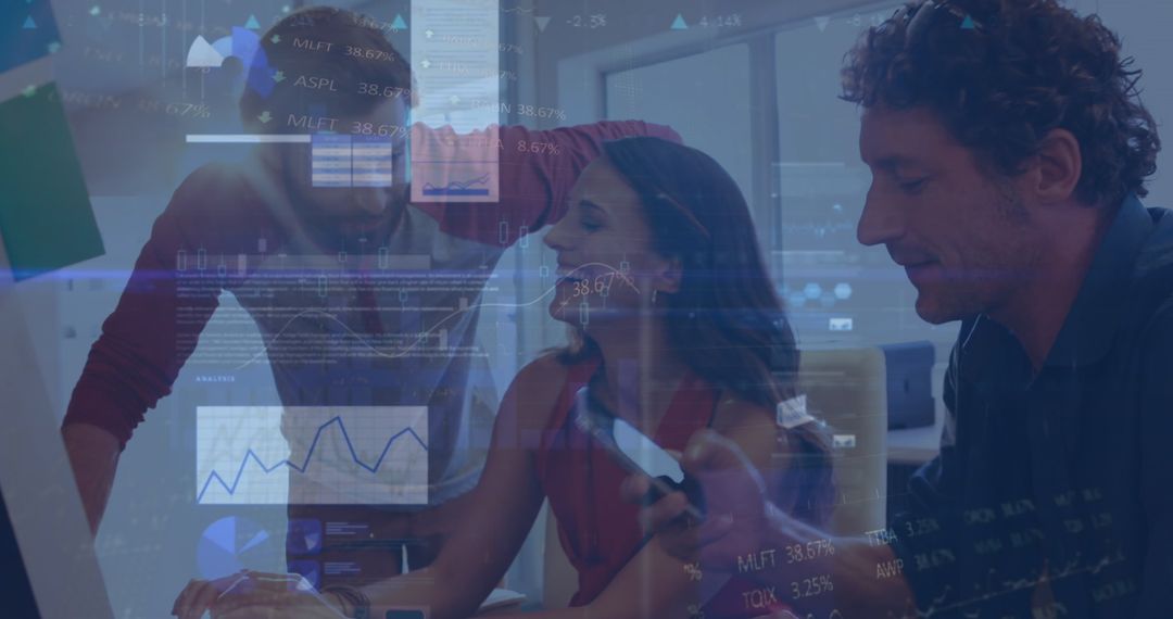 Diverse Team Collaborating on Data with Digital Overlay