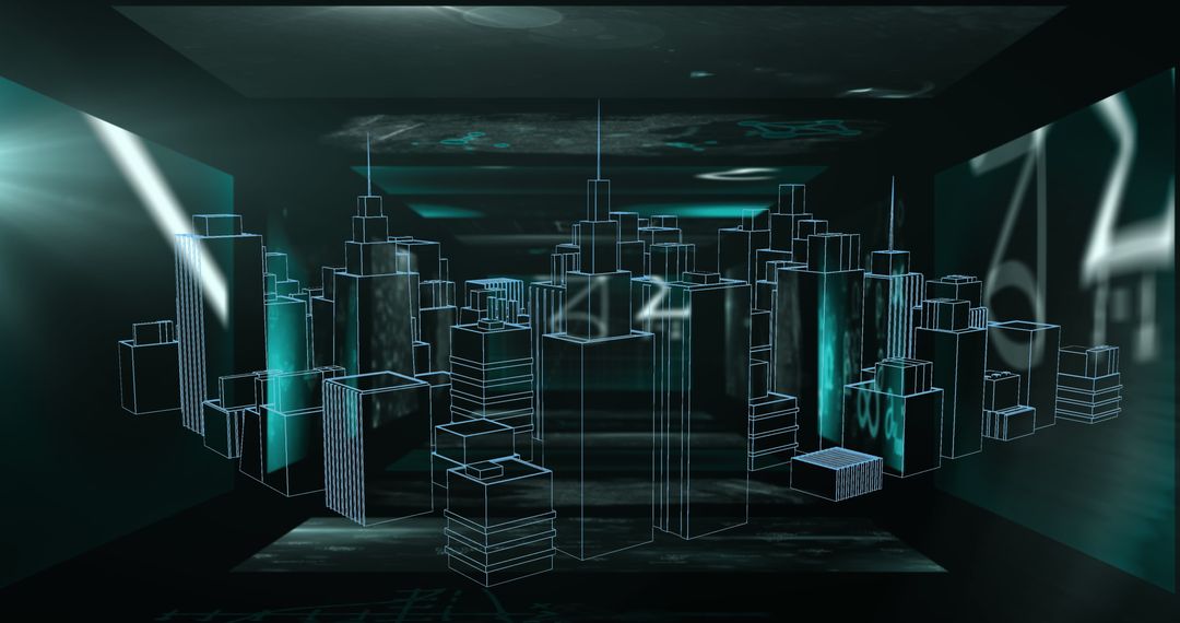 Futuristic Digital Cityscape with Rotating City Blocks