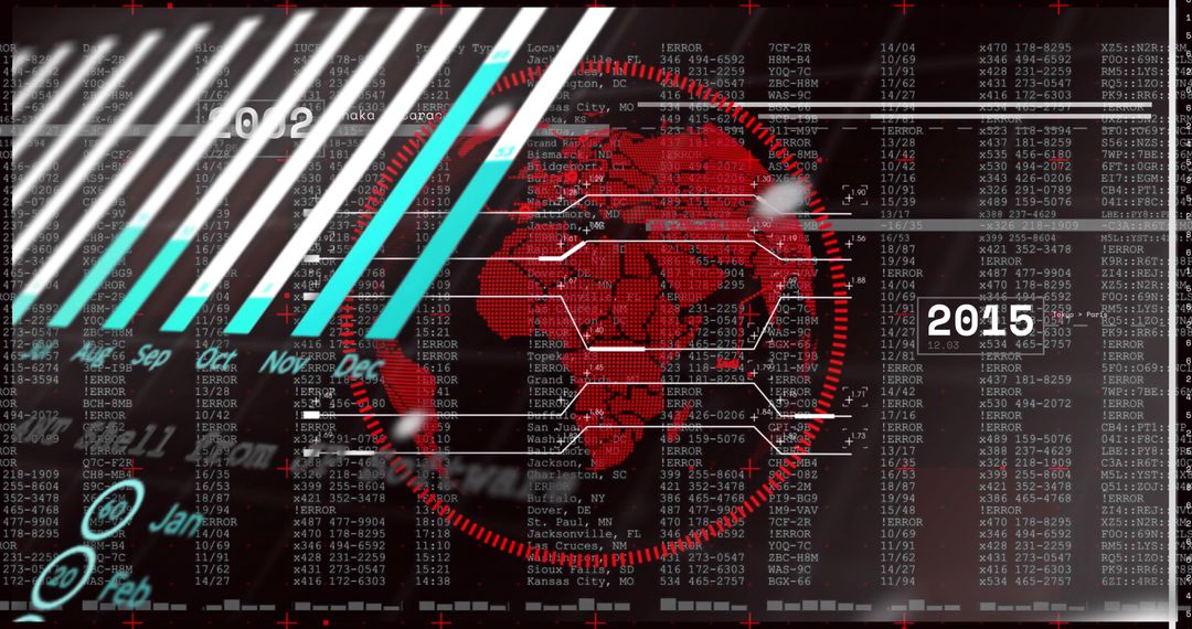 Rotating Red Cyber Globe HUD with Hexagonal Circuit Visuals, Data Streams, Timeline