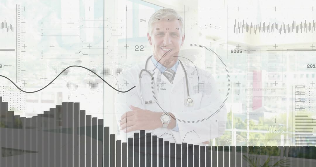 Standing Doctor with Stethoscope and Technology Overlays in Clinic