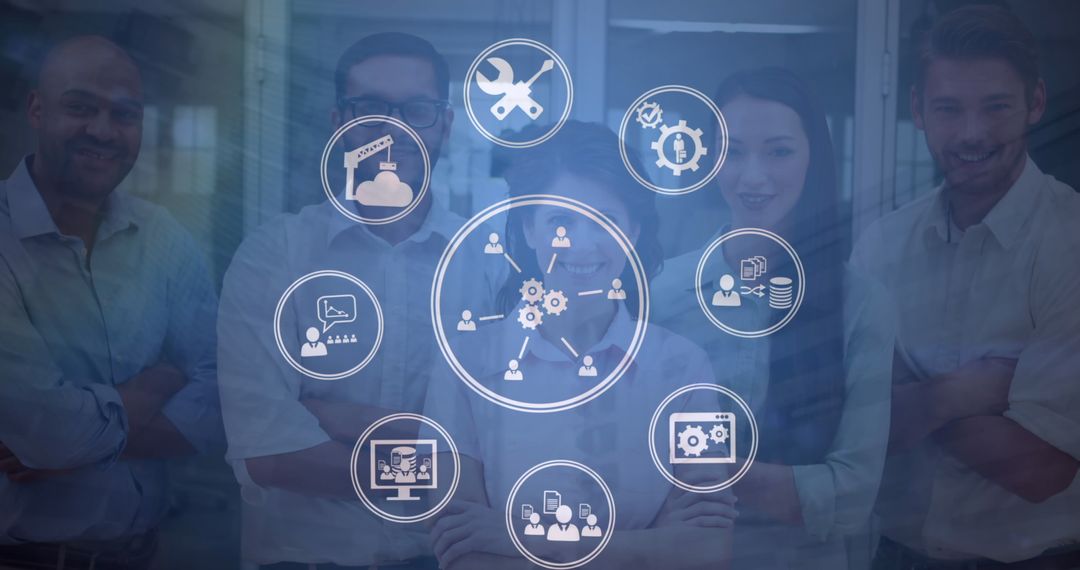Networking Concept with Digital Icons Over Team in Office Background