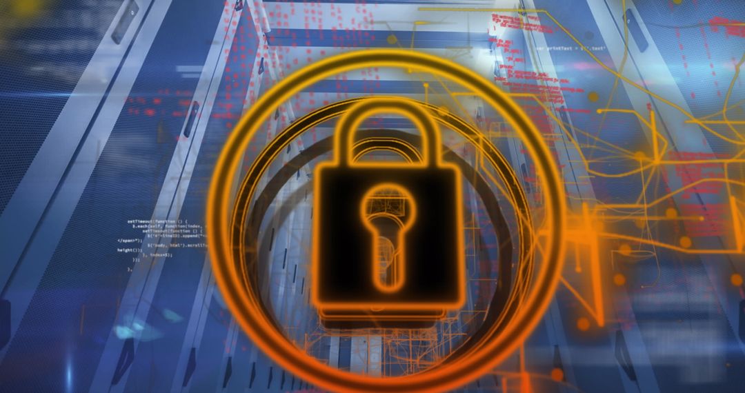 Digital Padlock Icon Overlays Futuristic Data Server
