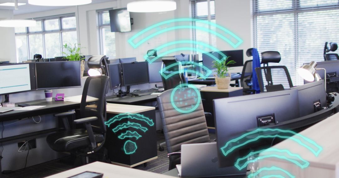 Empty Office Space with Digital WIFI Connectivity Icons