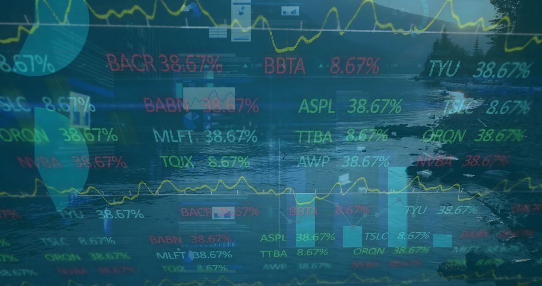 Financial Data Overlay on Tranquil Mountain Lake