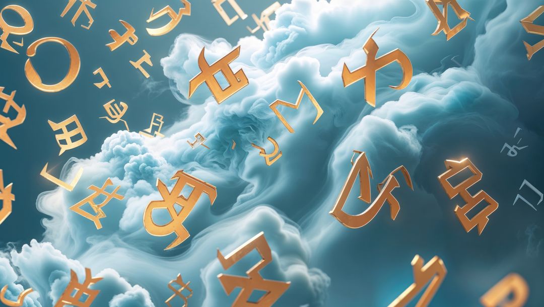 Glowing Gold Glyphs Floating in Surreal Teal and Cyan Cloudscape